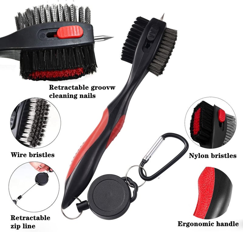 Lesunsul Golf Club Brushes, Golf Cleaning Tool, with Retractable Cleaning Nails, Nylon and Wire Bristles Oversize Double Brush Head with 2ft Retractable Zip-line Metal Buckle - Image 3
